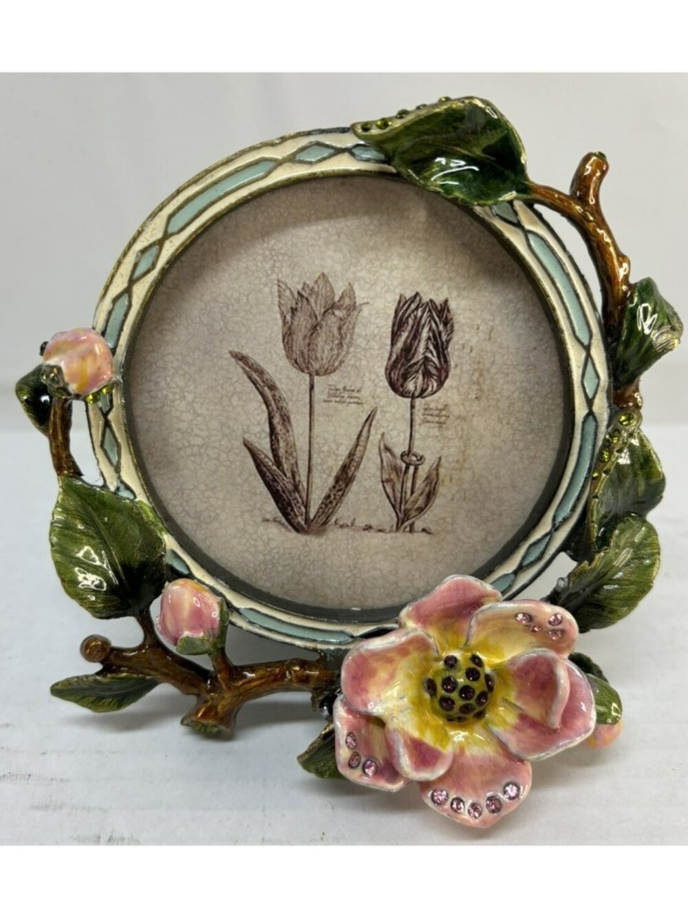 Mark Roberts Round Circle Tabletop Picture Frame Pink Floral Rhinestones Enamel